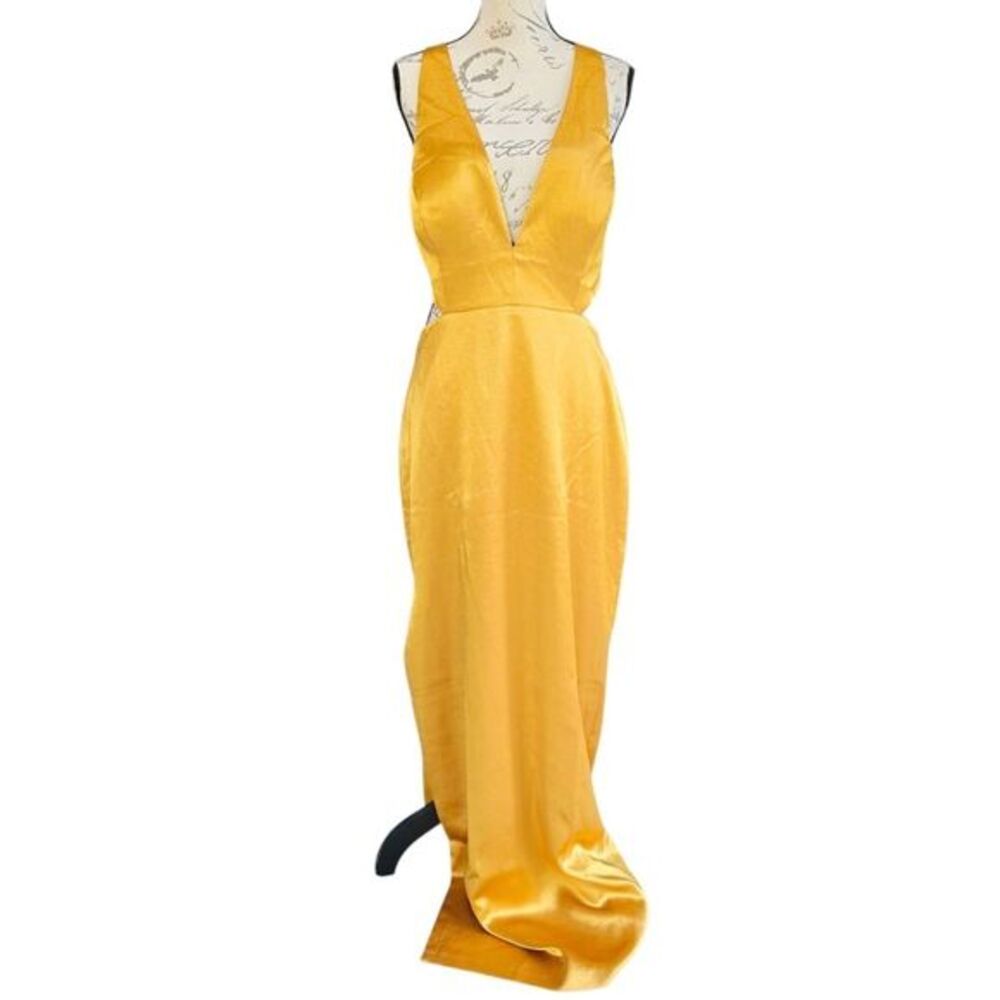 Aidan Mattox NWT‎ Mustard Yellow V-Neck Liquid Satin Column Maxi Dress Size 14